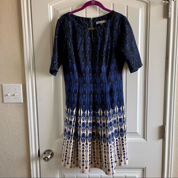 Danny & Nicole Blue Print 3/4 Sleeve Fit and Flare Midi Dress SZ 10 EUC - Picture 1 of 8